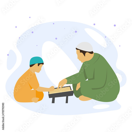 Children engaged in Quranic education under guidance of their father Concept, Muslim Kid reciting vector Design, Ramadan Eid al-Fitr Symbol, Islamic and Muslim fasting Sign, Arabic holiday celebration