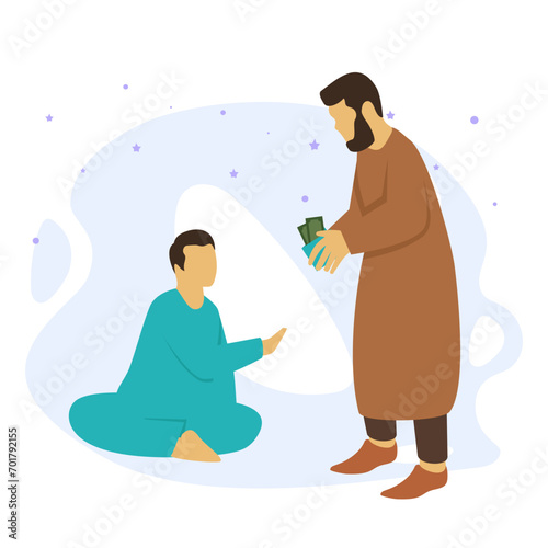 Distributing Zakat Concept, Cash Giving to Needy Poor Brother vector icon Design, Ramadan and Eid al-Fitr Symbol, Islamic and Muslims fasting Sign, Arabic holidays celebration stock illustration 