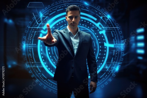 Businessman pressing high tech type of modern buttons on a virtual background  Businessman gesture protecting virtual blue dartboard with arrow  AI Generated