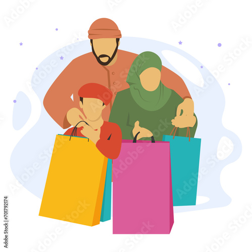 Embarking Eid shopping spree with the family Concept, Chand Raat Shopping scene vector design, Ramadan and Eid al-Fitr Symbol, Islamic and fasting Sign, Arabic holidays celebration stock illustration