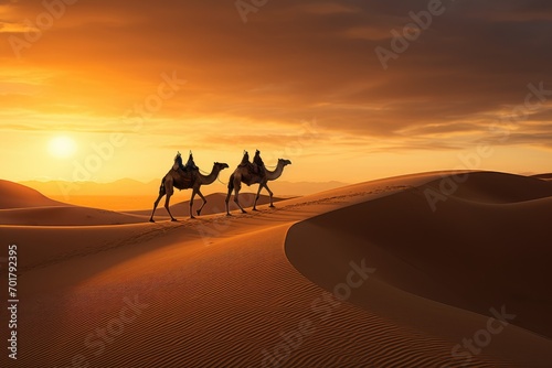 Camel caravan in the Sahara desert at sunset. 3d rendering  Camelcade on sand dune at desert  AI Generated