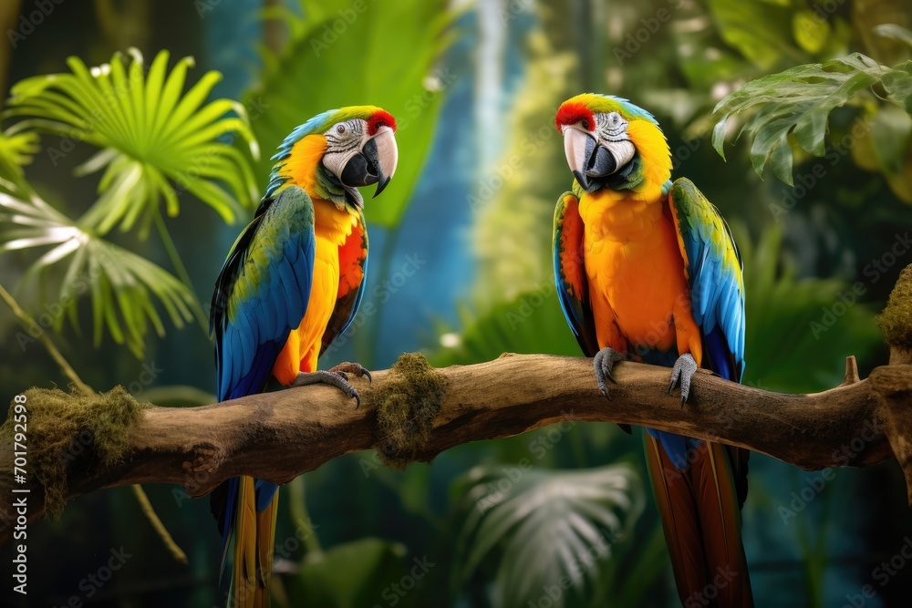Beautiful macaws on the branch in the zoo. Tropical background, AI Generated Beautiful macaws on the branch in the zoo. Tropical background, AI Generated
