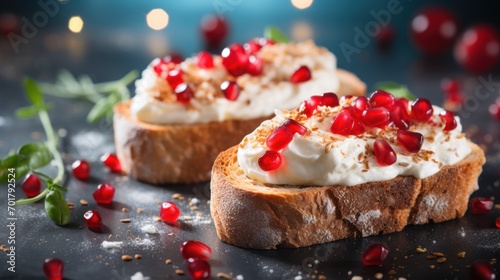  a close up of two pieces of bread with cream and pomegranates on the top of it.