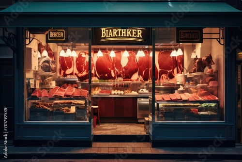 Restaurant interior with meat stall. 3D rendering illustration, Butcher shop, Showcasing a perfectly cut the steak in half within a vibrant butcher shop, AI Generated photo