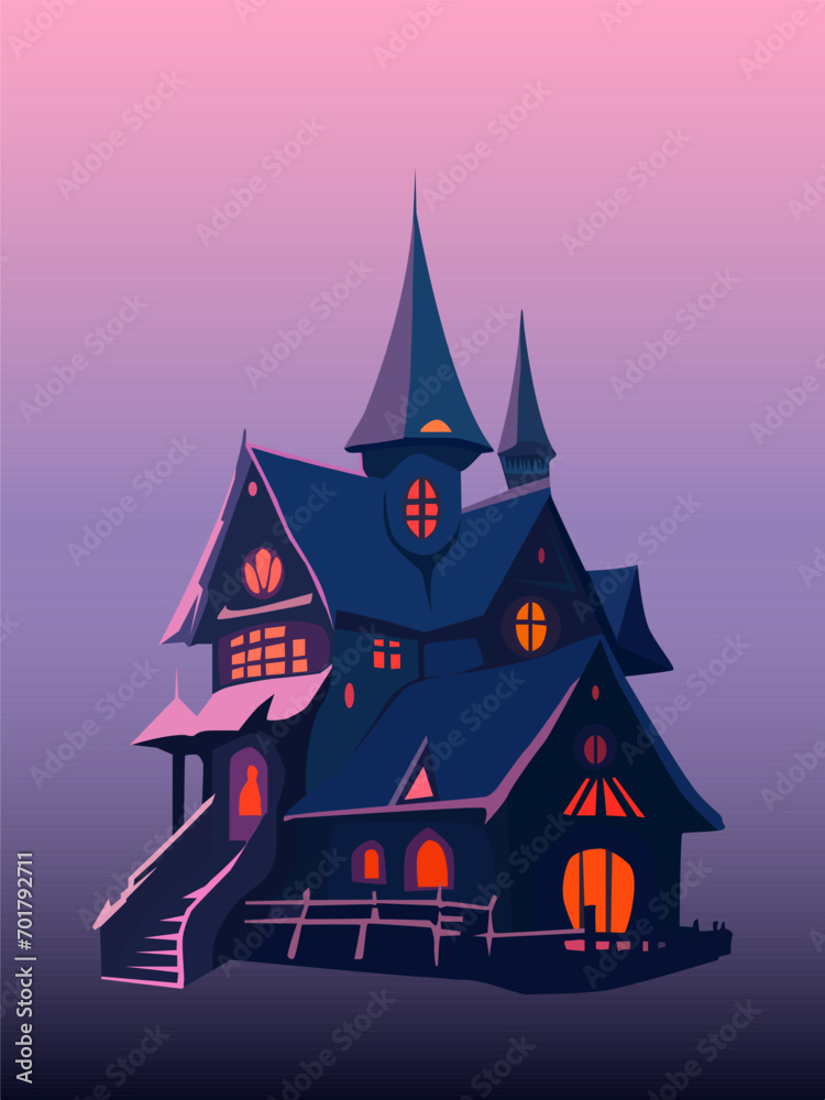 color vector illustration of a haunted house on a purple background. Vector illustration for decorating scenes and interiors in a fairytale style
