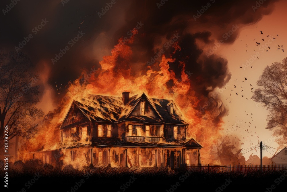Burning house in the village at night. Fire in the house, Burning house A house is on fire displaying flam, AI Generated Burning house in the village at night. Fire in the house, Burning house A house is on fire displaying flam, AI Generated
