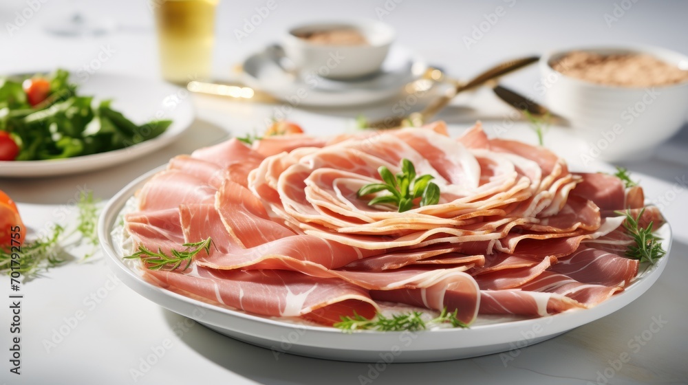 a plate of prosciutto on a table with a bowl of salad and a glass of orange juice. a plate of prosciutto on a table with a bowl of salad and a glass of orange juice.