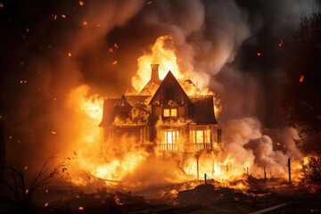 Burning house. Fire in the old house. Illustration, Burning house A house is on fire displaying flam, AI Generated