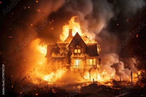 Burning house. Fire in the old house. Illustration, Burning house A house is on fire displaying flam, AI Generated photo