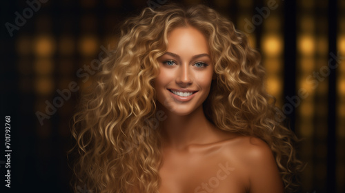 Ritratto di una bellissima ragazza con capelli biondi e ricci in uno studio fotografico con un vestito elegante photo