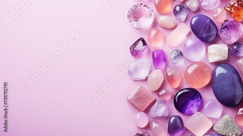 A pink background features dazzling gemstones, including amethysts and rose quartz, which are large crystals of semiprecious stones.