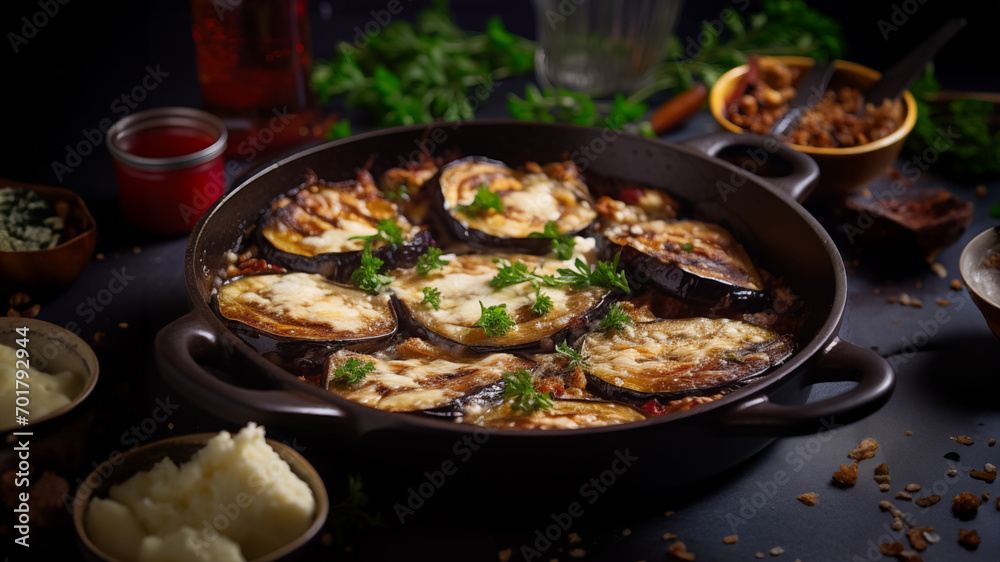Traditional Greek dish moussaka in the black stewpan Traditional Greek dish moussaka in the black stewpan