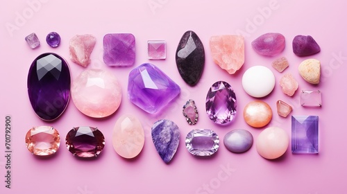 A pink background features dazzling gemstones, including amethysts and rose quartz, which are large crystals of semiprecious stones. photo