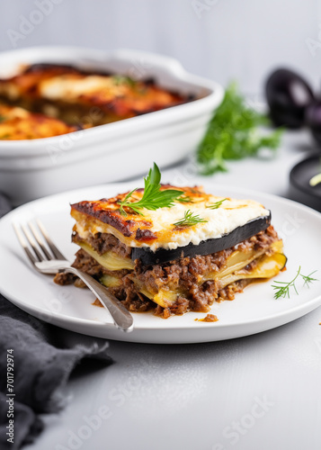 Piece of moussaka in the plate - traditional Greek dish, on white table