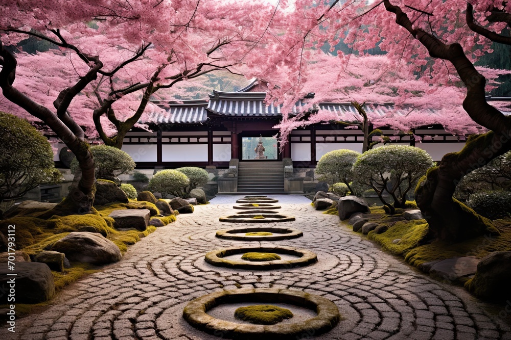 Japanese temple with cherry blossom and stone path, 3d render, AI Generated