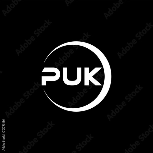 PUK letter logo design with black background in illustrator, cube logo, vector logo, modern alphabet font overlap style. calligraphy designs for logo, Poster, Invitation, etc.