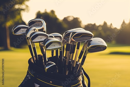 Golf clubs and golf bag on green with beautiful sunset in background, AI Generated photo