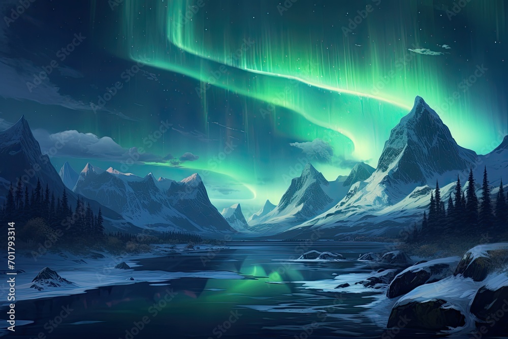 Fantasy landscape with aurora borealis and mountains in the background, AI Generated