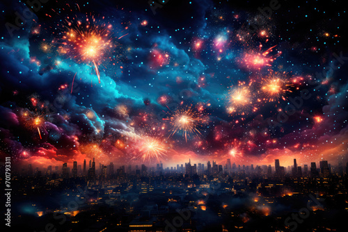 Fireworks in the night sky over the city