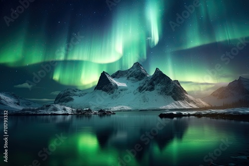 Aurora borealis, northern lights over fjord and mountains, AI Generated