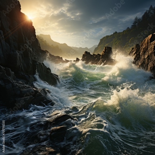 Photo of a serene coastal scene with crashing waves. Generative AI