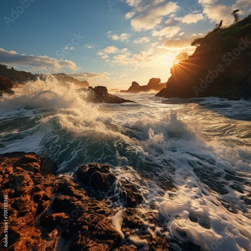 Photo of a serene coastal scene with crashing waves. Generative AI