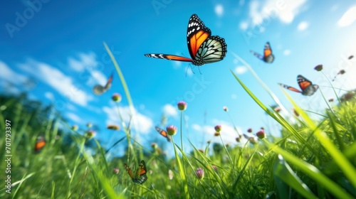  On a patch of green grass, there are twelve butterflies flying, Low angle view, low angle shot, Constructivism