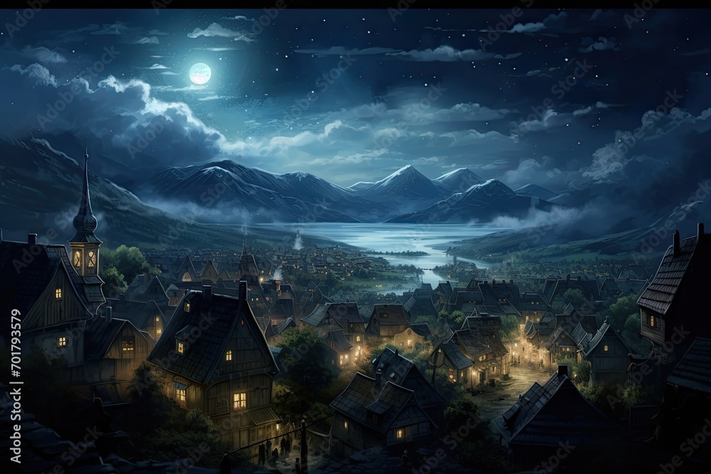 Fantasy landscape with old town in the moonlight. Mixed media, AI Generated