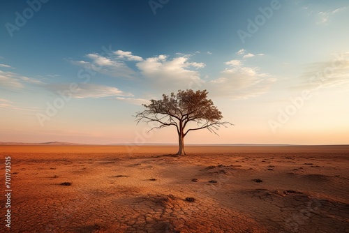 Lonely tree in the middle of a dry desert at sunset, AI Generated