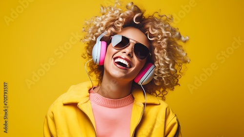 An attractive, cheerful, and amusing woman is dancing while listening to music with headphones. she is dressed in a hipster colorful style outfit isolated by a pink wall. she is wearing a
