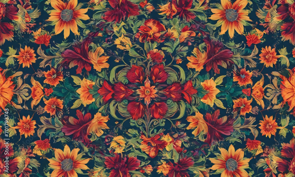 Very colorful flowery pattern on a black background
