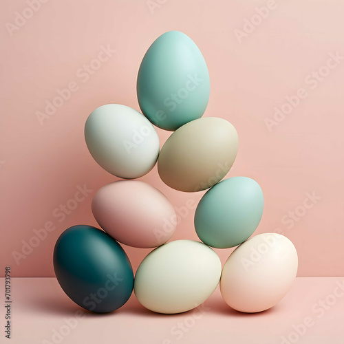 Easter colored eggs on trendy pastel pink background. Minimal raw food concept.