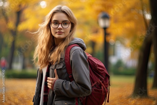 portrait of a young woman with a backpack in the autumn forest, AI Generated