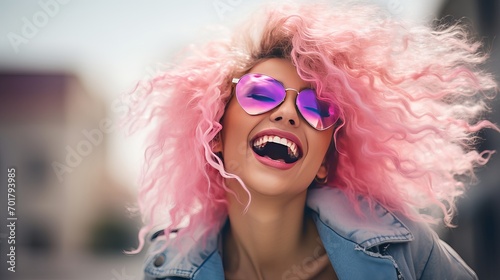 During a photoshoot, the woman, who is blissful and confident, wears striped pants and a pink periwig while laughing. her confidence and youthfulness shine through in her outfits, which