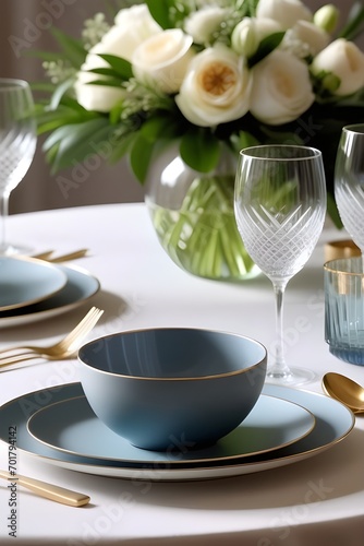Zoom in on the details of a thoughtfully designed table setting, showcasing the harmony of elements, background image, generative AI