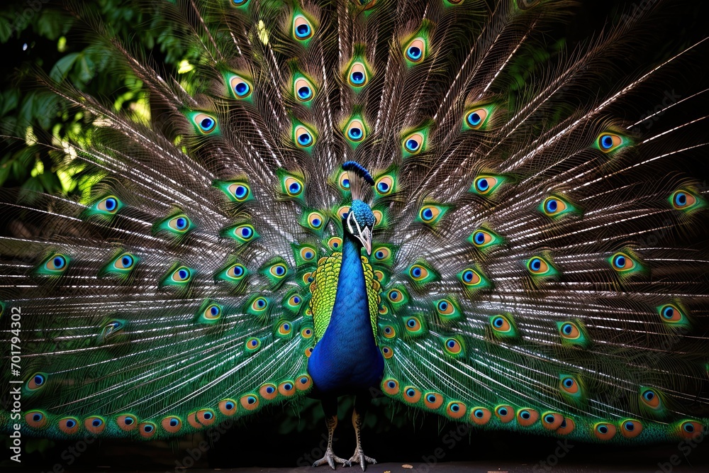 Obraz premium Beautiful peacock with colorful feathers in the park. Close-up, AI Generated