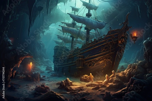 Leinwand Poster Pirate ship in the cave. 3d illustration. Fantasy, AI Generated