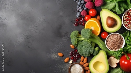  Healthy food clean eating selection: fruit, vegetable, seeds, superfood, cereal, leaf vegetable on gray concrete background,