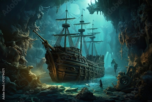 Pirate ship in the cave. 3d illustration. Fantasy, AI Generated