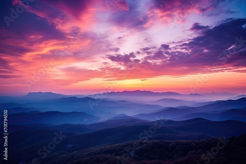 Colorful sunrise in the mountains. View from the top of the mountain, AI Generated