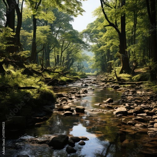Photo of a serene nature scene with a running stream. Generave AI