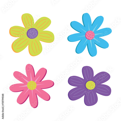 Groovy flower cartoon characters. Blue, yellow, Isolated vector illustration. Hippie 60s, 70s style.