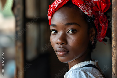 An African woman worker wearing a red bandana for Black History Month, Women's Day, Juneteenth, Day for People of African Descent, Black Lives Matter, or Labor Day,