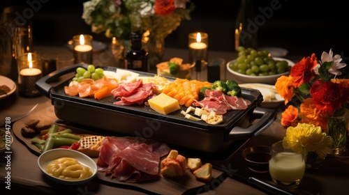  a platter of assorted meats and cheeses on a table with candles and flowers in the background.