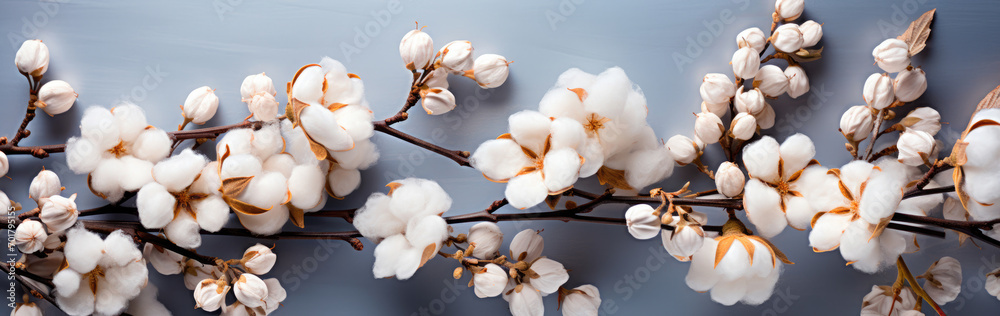 Branch with white fluffy cotton flowers on a blue background. Cozy winter banner Branch with white fluffy cotton flowers on a blue background. Cozy winter banner
