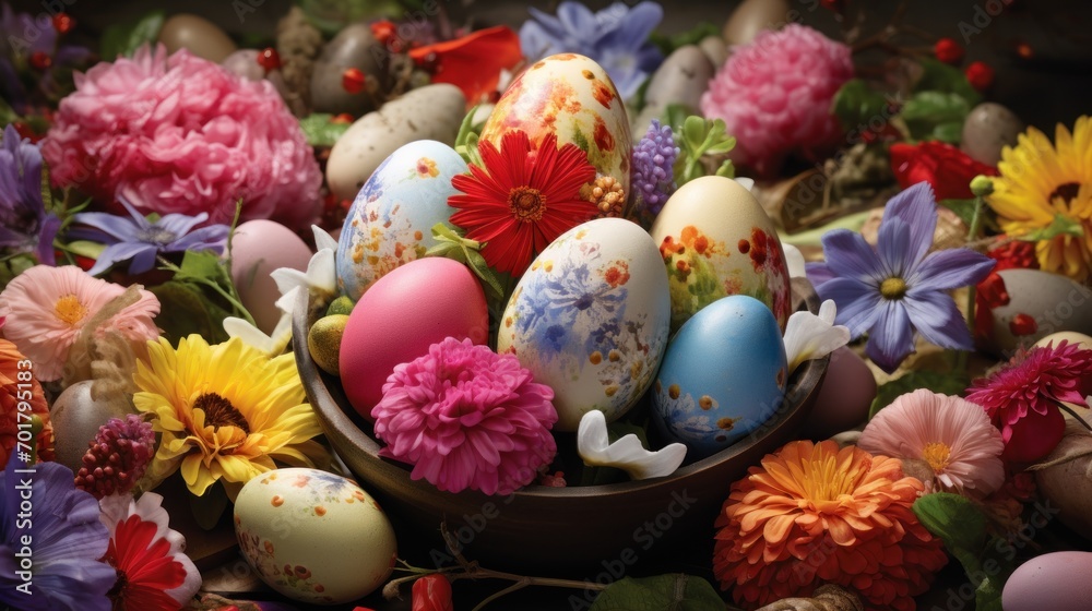  a bowl filled with lots of colorful flowers next to a bunch of eggs in the middle of a bed of flowers.