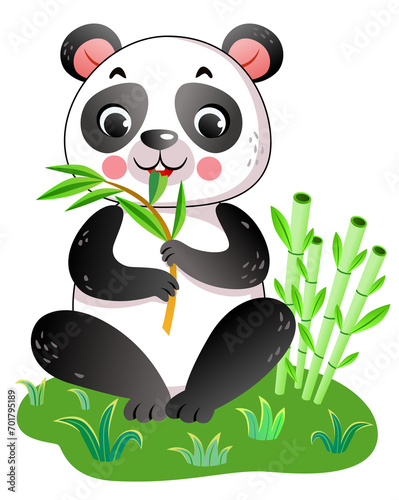 Fototapeta Naklejka Na Ścianę i Meble -  Cute cartoon panda sitting on the grass with bamboo