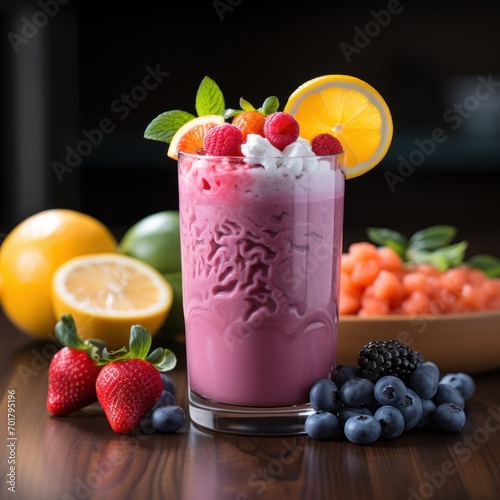 Photo of a vibrant fruit smoothie in a glass. Generative AI