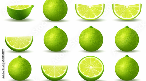 Flying lime slices collection isolated on white background. Generative Ai
