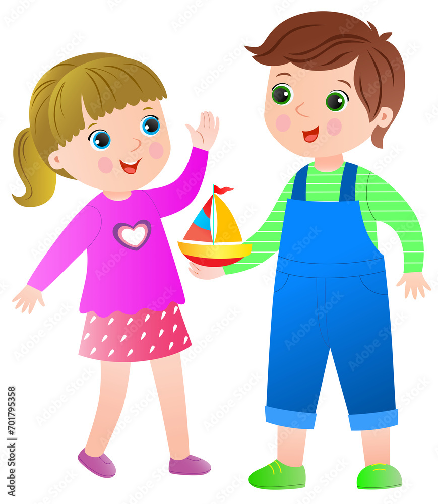 smiling talking boy and girl with a toy boat